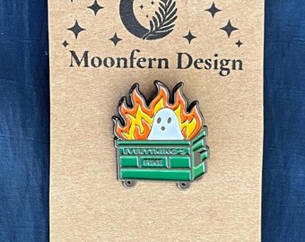 Everything’s Fine Ghost Enamel Pin, Spooky Dumpster Fire Pin, Funny Anxiety Gift, Halloween Lapel Pin, Cute Ghost Accessory for Backpacks