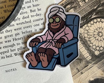 Bigfoot Self Care Sticker Glossy Vinyl Cute Cryptid in Spa Chair Funny Relaxing Creature Waterproof Sticker Gift for Cryptid Fans