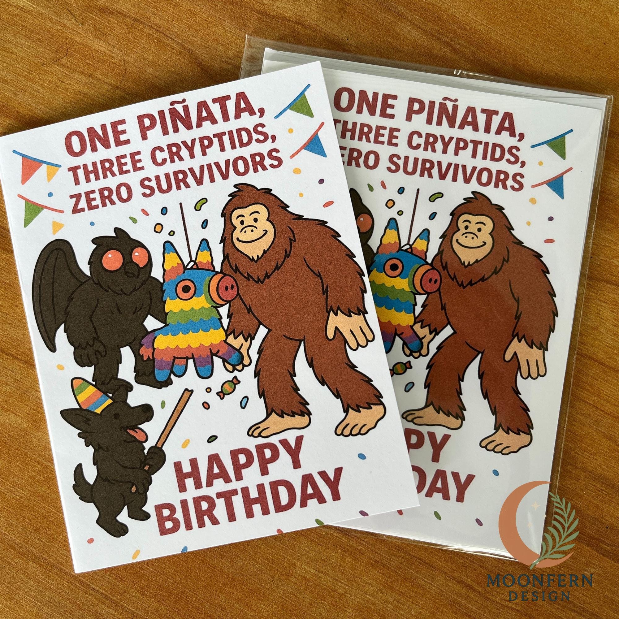 Funny Cryptid Birthday Card, One Piñata Three Cryptids Zero