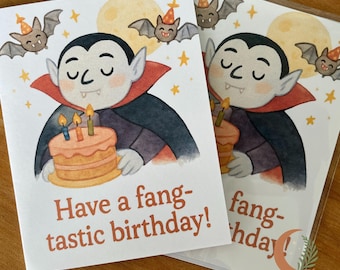 Have a Fang-tastic Birthday Card, Cute Vampire Birthday Greeting, Funny Spooky Card, Halloween Birthday Gift, Bat and Cake Illustration