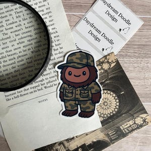 Bigfoot Camo Sticker Glossy Vinyl Waterproof Sticker Funny Cryptid in Camouflage Outfit Available in Two Sizes Cryptid Gift Idea