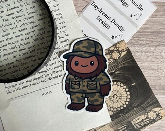 Bigfoot Camo Sticker Glossy Vinyl Waterproof Sticker Funny Cryptid in Camouflage Outfit Available in Two Sizes Cryptid Gift Idea