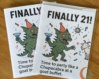 Funny 21st Birthday Card, Chupacabra Party Card, Cryptid Birthday Humor, Goat Buffet Pun, Finally 21 Greeting, Monster Birthday Gift