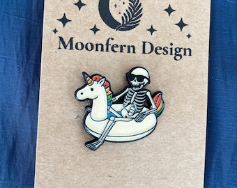 Skeleton Unicorn Float Enamel Pin, Cute Spooky Pool Day Pin, Pastel Goth Aesthetic, Kawaii Skeleton Gift, Summer Horror Pin, Pin Flair