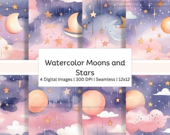 Aquarelle Moon & Stars Pattern - Papier numérique - 4 Seamless - 12x12 pouces - Papier Scrapbooking - Image de fond - Téléchargement immédiat