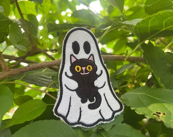 Ghost Holding Black Cat Embroidered Patch, Cute Halloween Patch,  Spooky Cat Patch,  Cat Lover Gift, Jacket Backpack Badge