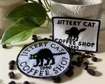 Jittery Cat Coffee Shop Embroidered Patch, Black Cat Patch, Coffee Lover Gift, Spooky Cute Patch, Witchy Embroidered Badge