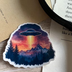 UFO Alien Abduction Sticker, Glossy Vinyl Waterproof Sticker, Sci-Fi Aesthetic, Space Lover, Paranormal, Laptop, Water Bottle, Planner