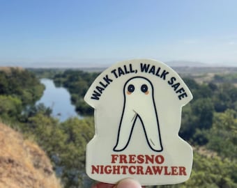 Fresno Nightcrawler Sticker Walk Tall Walk Safe Glossy or Glow in the Dark Cryptid Vinyl Sticker Funny Paranormal Cryptid Gift
