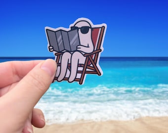 Fresno Nightcrawler Sunning Sticker Glossy Vinyl Cute Cryptid in Lawn Chair Reading Map Funny Paranormal Summer Gift Waterproof Art