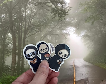 Glossy Grim Reaper Vinyl Stickers, Cute Skeleton/Grim Reaper with Book, Flowers or Coffee Waterproof Halloween Spooky Sticker Set or Singles