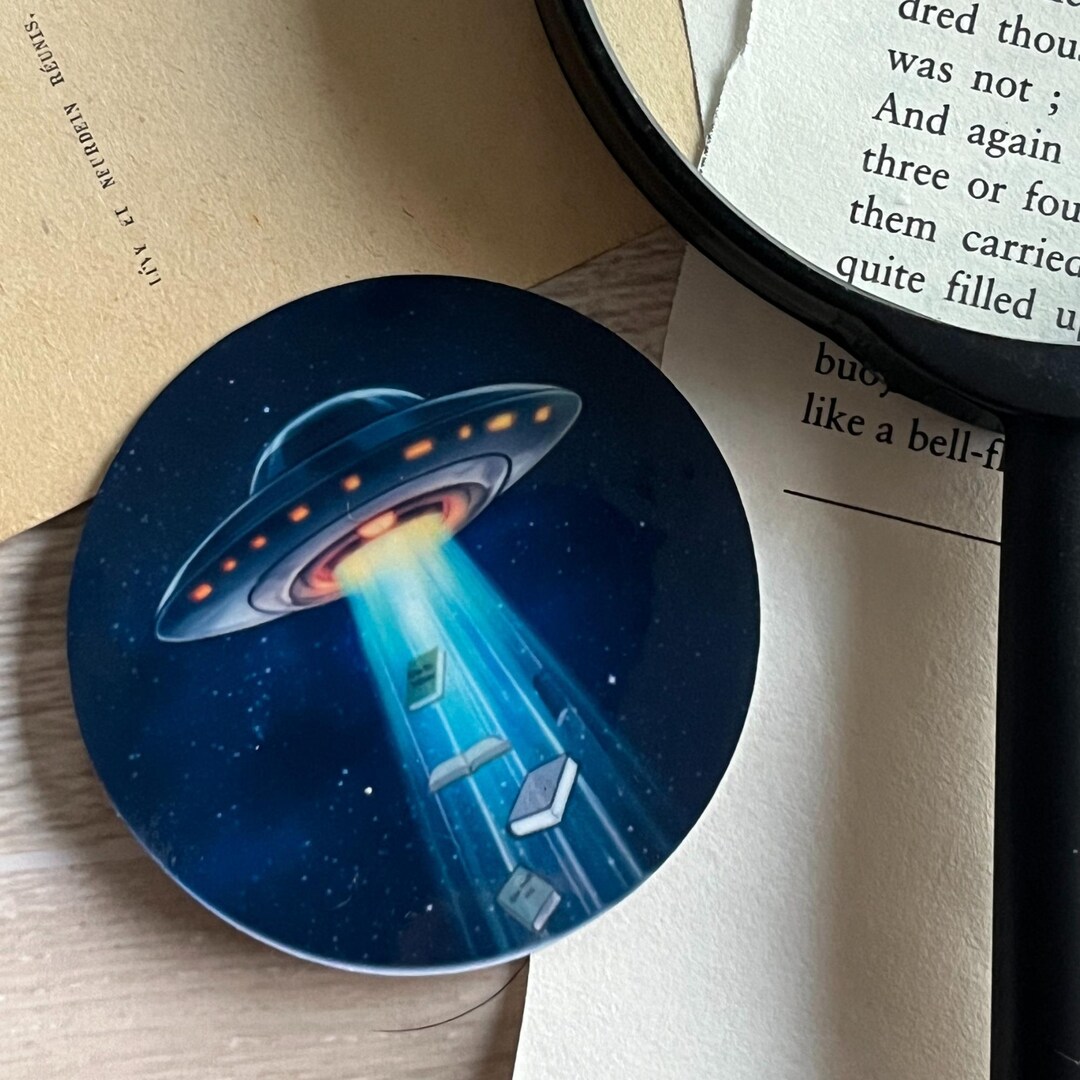 UFO Abducting Books Sticker, Glossy Vinyl Waterproof Sticker, Sci-fi ...