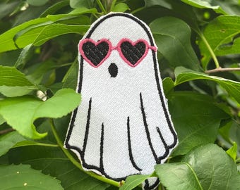 Cute Ghost Embroidered Patch with Heart Sunglasses, Spooky Cute Patch, Halloween Patch, Black & White Ghost, Jacket Backpack Patch