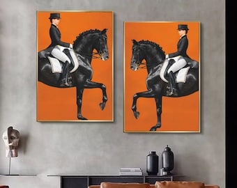 Set of 2 Canvas, Minimalistic s Horse Woman Orange Abstract Canvas Wall Art Poster Print,Nordic Scandinavian Ready To Hang