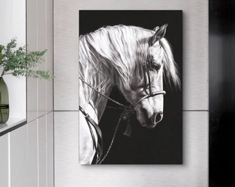 Black And White Horse Portrait Canvas Painting, Horse Wall Hanging, White Horse Canvas Painting, Ready To Hang, Housewarming Gift