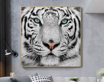 Tiger Green eyes Canvas Print Black White modern wall art Tiger print Wildlife art Animal Large Canvas Art White Tiger Blue Eyes decor