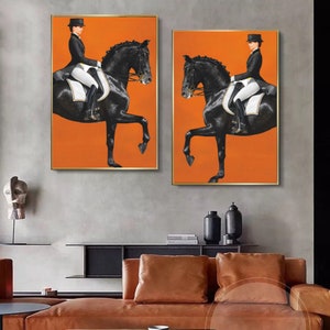 Set di 2 tele, minimalista cavallo donna arancione astratto tela stampa poster artistico da parete, scandinavo nordico pronto da appendere