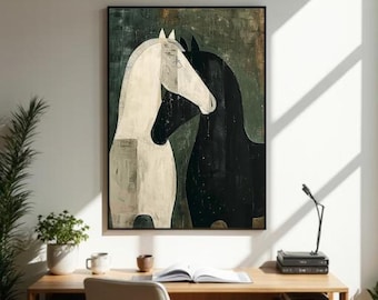 Modern Abstract Horses V2 Canvas Wall Art, Animal Wall Art, Gift Black and Cream Horses decor, canvas Print Ready to Hang