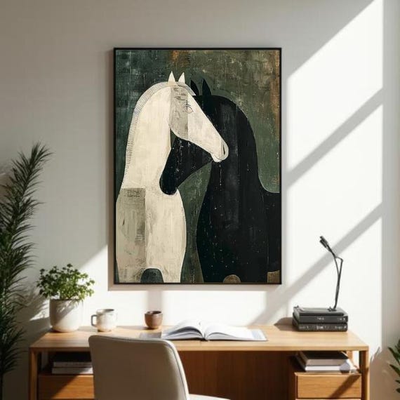 Modern Abstract Horses V2 Canvas Wall Art, Animal Wall Art, Gift Black and Cream Horses decor, canvas Print Ready to Hang