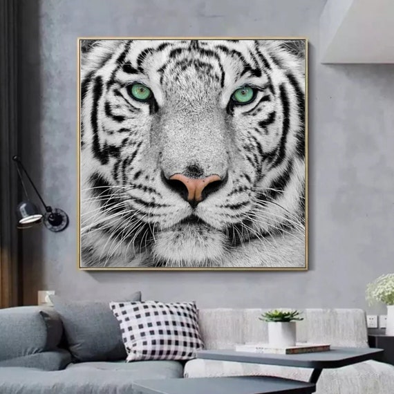 Tiger Green eyes Canvas Print Black White modern wall art Tiger print Wildlife art Animal Large Canvas Art White Tiger Blue Eyes decor