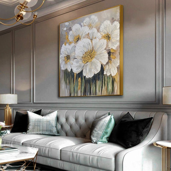 Original Handmade Oil Painting Flower and Gold Foil Wall Art, Home decor, Luxury decor, living room