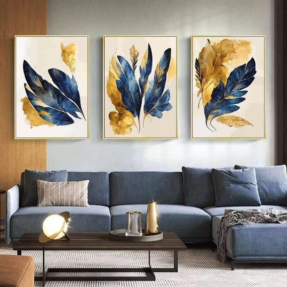 Golden Leaves Canvas, Flowers Wall Art, Blue and Gold Art, Golden Tree Branches Canvas, Flowers Canvas, Set of 3 Canvas, Canvas Wall Art