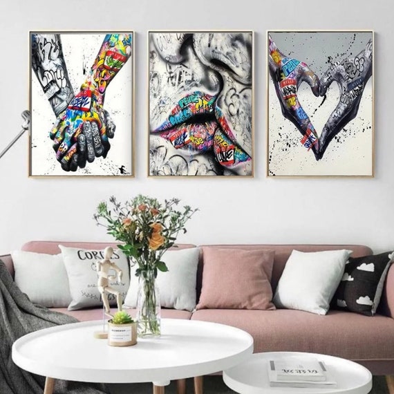 Banksy Set of 3 Canvas, Love and Kissing Art, Colourful Graffiti, Gift for Lover, Famous Mural Quote, Heart Graffiti Art, Canvas Wall Decor