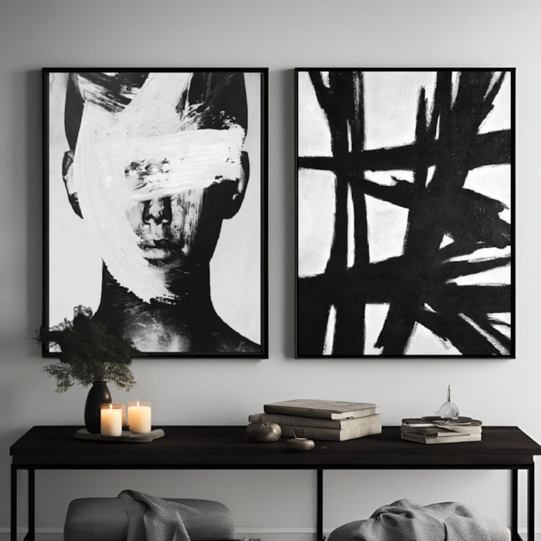 Set of 2 Canvas, Black and White Brush Strokes Abstract Canvas Wall Art ...