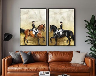 Set of 2 Framed Rider & Horse, Hermes Horse, Gold Detailed, Print Modern Black Brown Art Living Room Wall Art, Gold Decor Ready To Hang