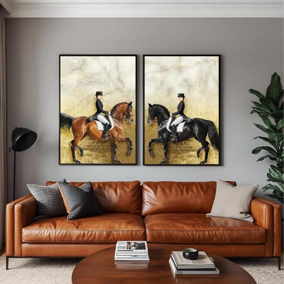 Set of 2 Framed Rider & Horse, Hermes Horse, Gold Detailed, Print Modern Black Brown Art Living Room Wall Art, Gold Decor Ready To Hang