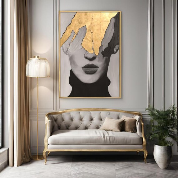 Golden Split , Vivid Gray Tones Modern Canvas, Framed Canvas Shining Wall Art Print, American Style Ready To Hang