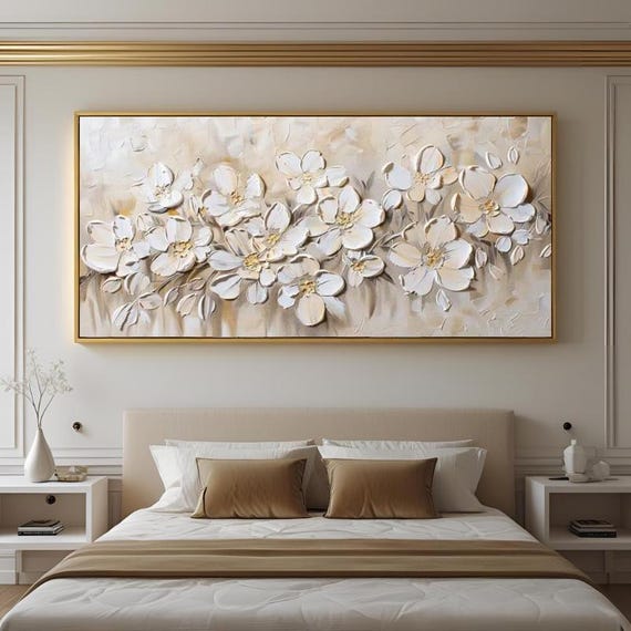 Textured Handmade Oil Paint Art Cream Flowers with Gold Details 70x120cm Wall Art Painting, Modern Home decor, Luxury decor,Living Room