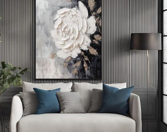 Textured Handmade Oil Paint Art White Flower, Black and White, Gray Floral Wall Art 70x100cm Wall Art, Home decor, Luxury decor, living room