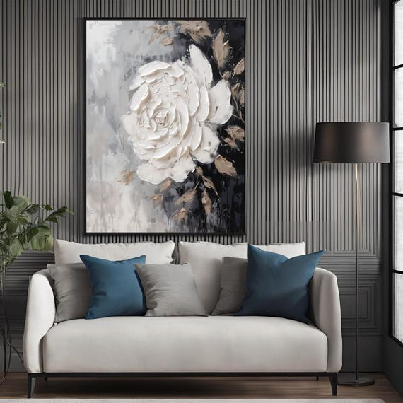 Textured Handmade Oil Paint Art White Flower, Black and White, Gray Floral Wall Art 70x100cm Wall Art, Home decor, Luxury decor, living room