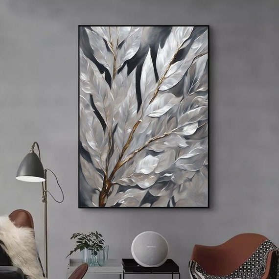 Silver Leaves Wall Art Canvas Painting Gold Abstract Art Canvas Wall Art Large Abstract Painting