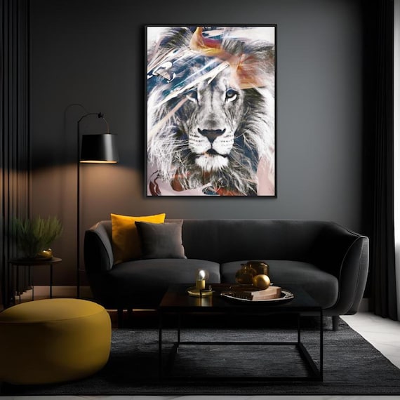 Abstract Lion Wall Art Gray and White Canvas Painting Modern Animal Canvas Wall Art Large Living Room Painting