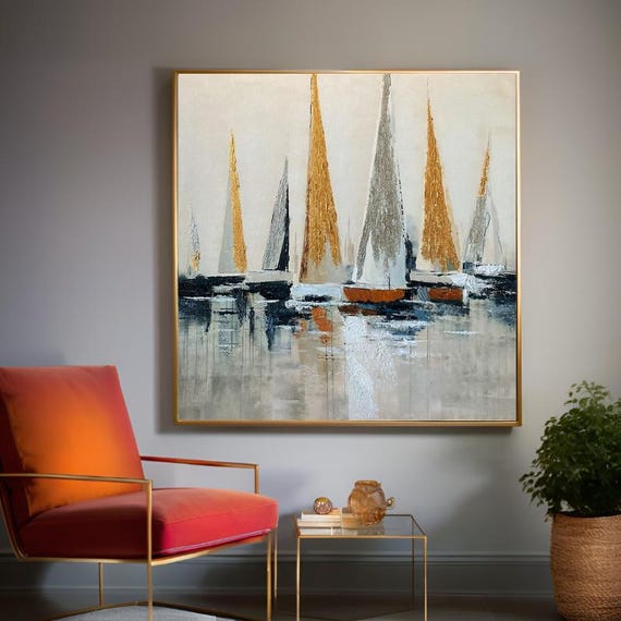 Textured Handmade Oil Paint Art Silver and Gold Sailboats 90x90cm Wall Art Sailing Ship Painting,Modern Home decor, Living Room, Canvas Art