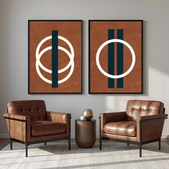 Abstract Wall Art, Symmetric Lines & Circles , Geometric Wall Art, Terracotta / Rust Brown Set of 2 Print, Geometric Print Set