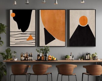 Orange Bohemian Canvas, Abstract Wall Art, Orange and Black Art, Abstract Sunrise Canvas, Set of 3 Canvas, Canvas Wall Art