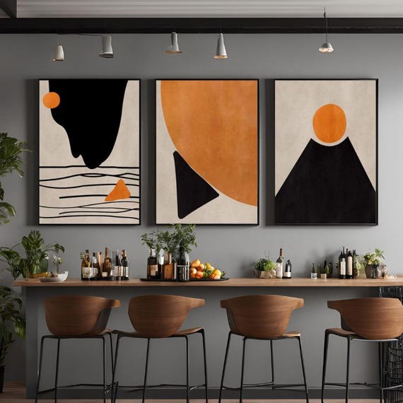 Orange Bohemian Canvas, Abstract Wall Art, Orange and Black Art, Abstract Sunrise Canvas, Set of 3 Canvas, Canvas Wall Art