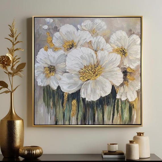 Textured Handmade Oil Paint Art Cream and Beige Floral with Gold Detailed Foil 90x90cm Wall Art, Home decor, Luxury decor, living room