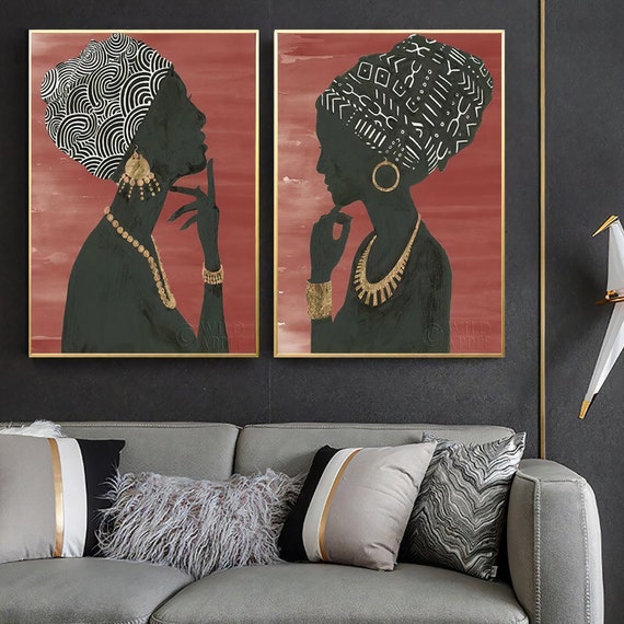 Set of 2 Framed African Ethnic Women's Print Modern Black Red Art Living Room Wall Art, Gold Decor Ready To Hang