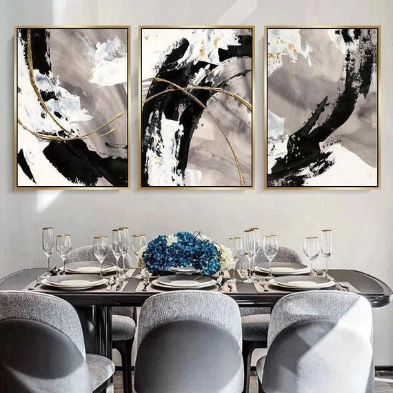 Gold Line Abstract Canvas, Black Brush Strokes Wall Art, Lilac Tones Art, Abstract Canvas, Set of 3 Canvas, Canvas Wall Art