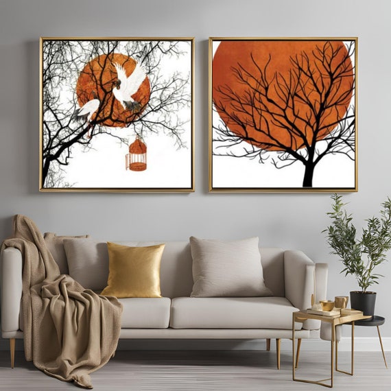 Set of 2 Canvas, Bohemian Birds with Burnt Orange Full Moon Canvas Wall Art Poster Print,Nordic Scandinavian Ready To Hang