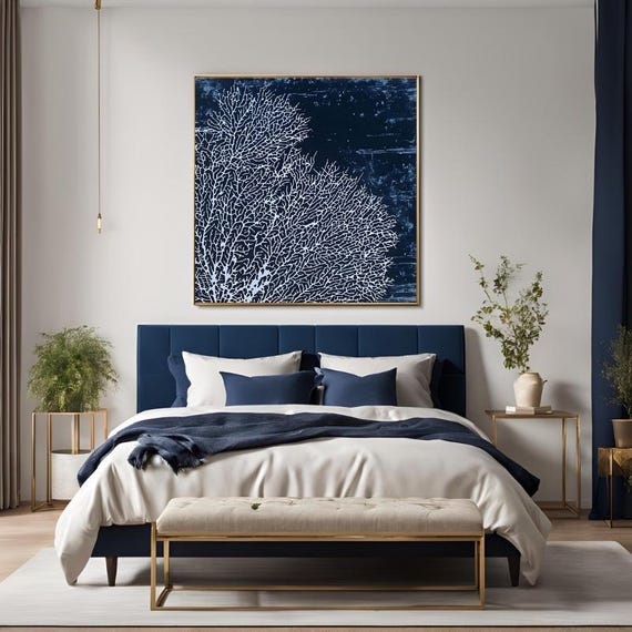 White Coral Wall Art Blue Canvas Painting Minimalist Canvas Wall Art Large Living Room Painting