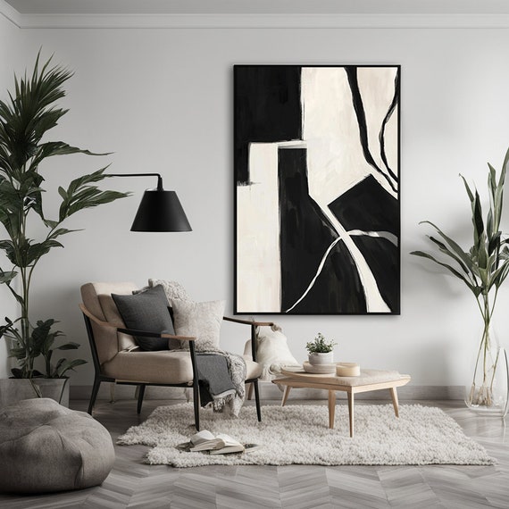 Black Beige Minimalist Wall Art Abstract, Framed Canvas Wall Art Print, Nordic Scandinavian Ready To Hang