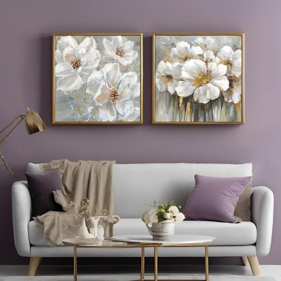 Set of 2 Framed Gold Details Flowers, Modern Beige Floral Art Living Room Wall Art, Gold Decor Ready To Hang