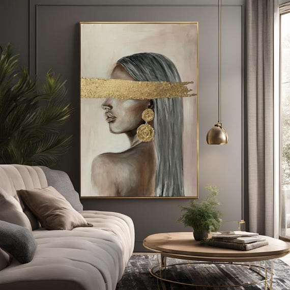 Abstract Woman with Gold Brush Strokes Wall Art Abstract Canvas Painting Minimalist Canvas Wall Art Large Living Room Painting