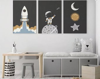 Nursery Framed Canvas Wall Art set of 3, Astro Space Kids Print, Astronaut Kids Room Decor, Wall Art, Lifetime Quality, Aluminium Framed