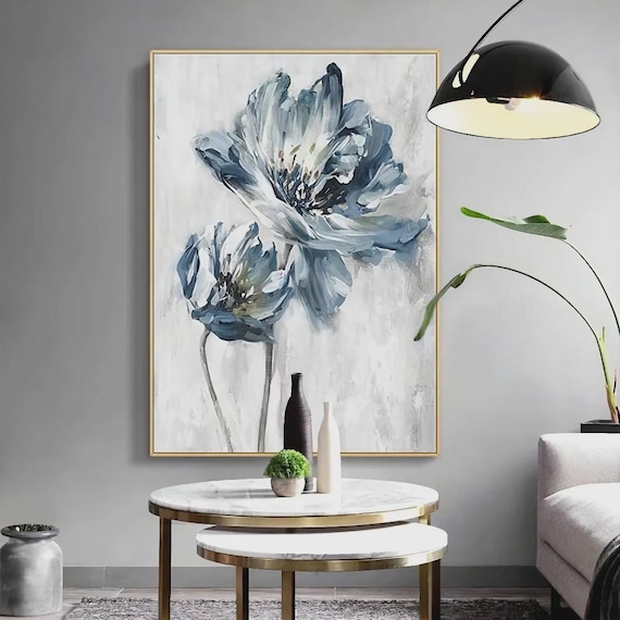 Textured Handmade Oil Paint Art Blue Detailed Floral 70x100cm Wall Art, Home decor, Luxury decor, living room, Modern Art